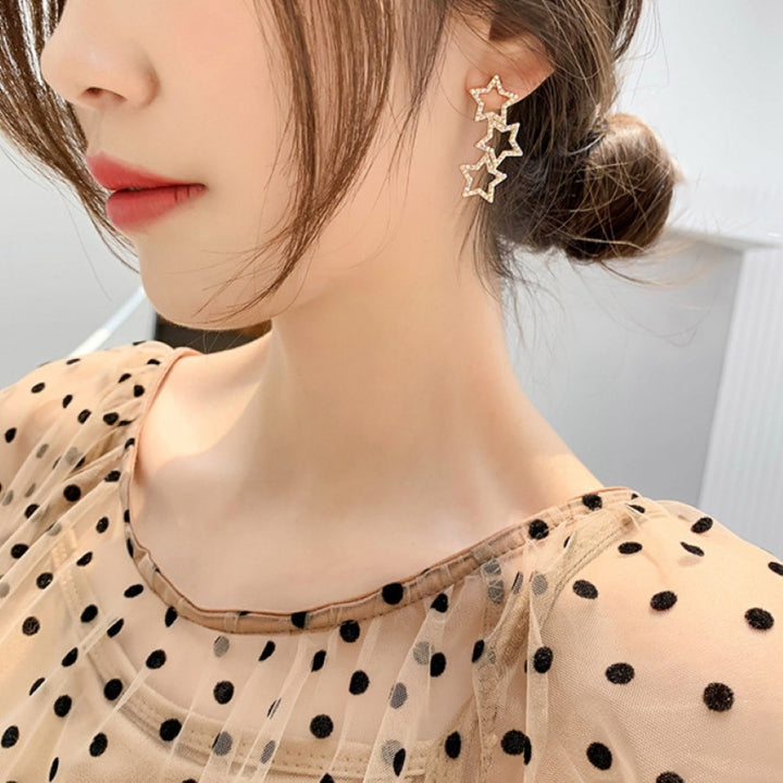 Women Colorful Rhinestone Hollow Star Linking Dangle Ear Stud Earrings Jewelry Image 4