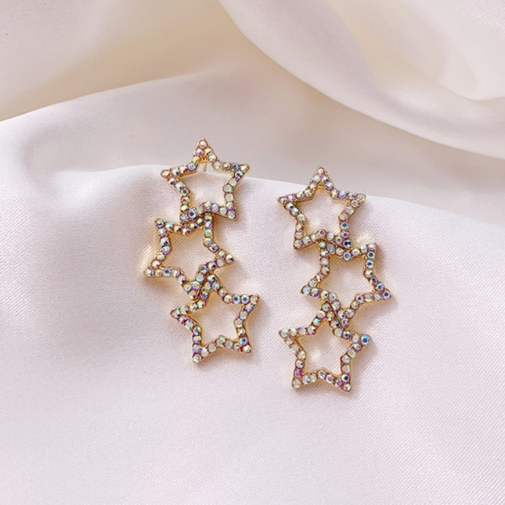 Women Colorful Rhinestone Hollow Star Linking Dangle Ear Stud Earrings Jewelry Image 6