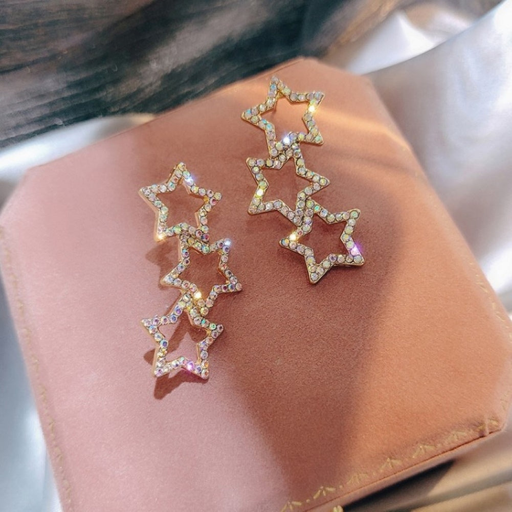 Women Colorful Rhinestone Hollow Star Linking Dangle Ear Stud Earrings Jewelry Image 7