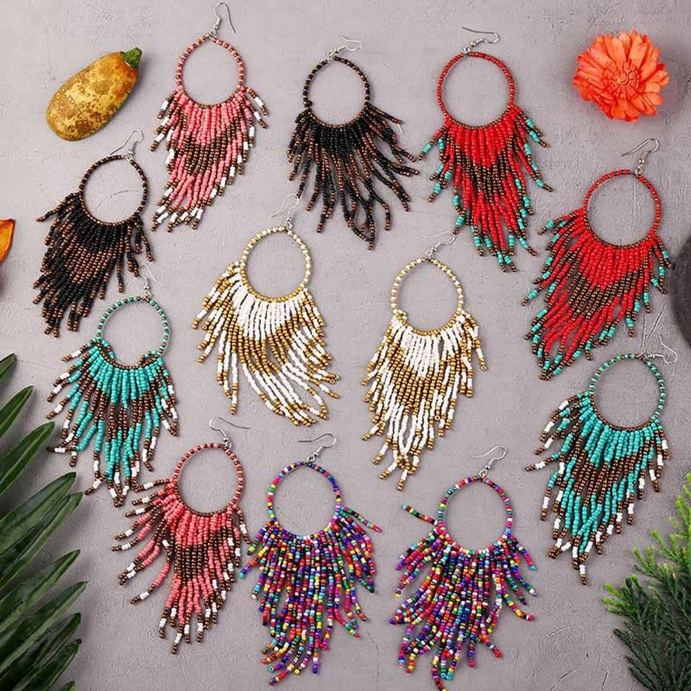 Bohemian Women Beads Tassel Round Dangle Long Hook Earrings Statement Jewelry Image 1