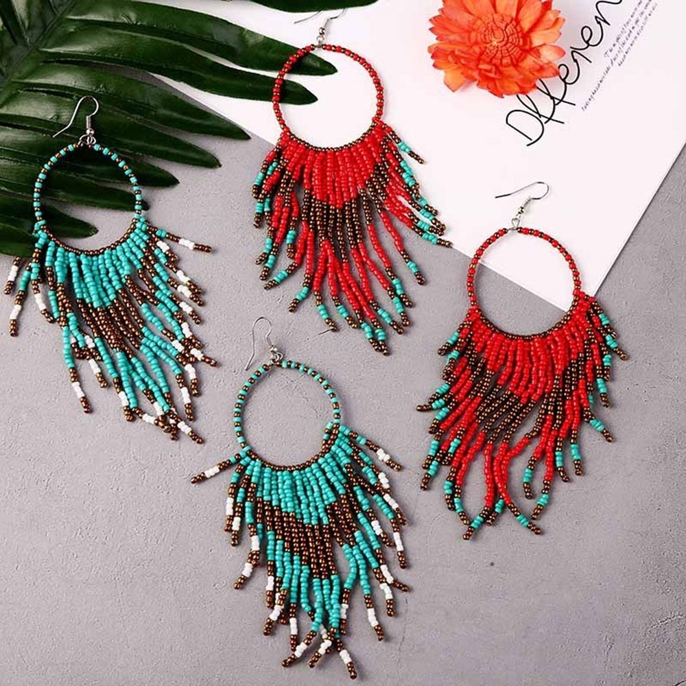 Bohemian Women Beads Tassel Round Dangle Long Hook Earrings Statement Jewelry Image 2