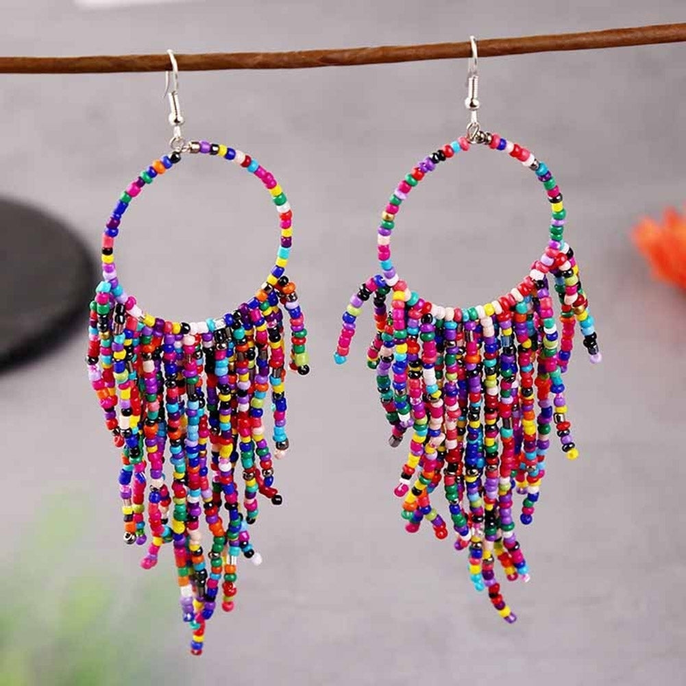 Bohemian Women Beads Tassel Round Dangle Long Hook Earrings Statement Jewelry Image 3