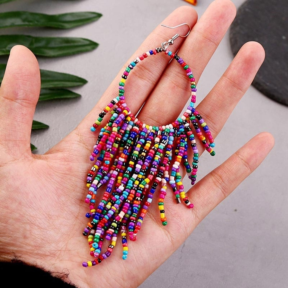 Bohemian Women Beads Tassel Round Dangle Long Hook Earrings Statement Jewelry Image 4