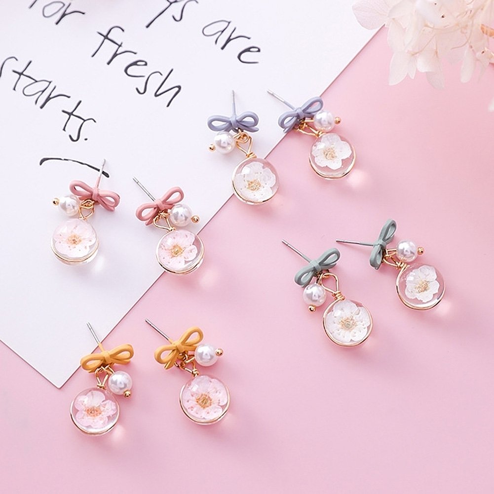 Women Bow Cherry Blossom Flower Glass Ball Dangle Ear Drop Earrings Jewelry Gift Image 1