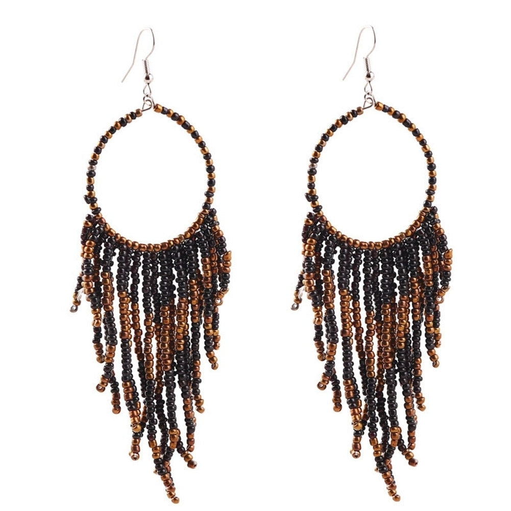 Bohemian Women Beads Tassel Round Dangle Long Hook Earrings Statement Jewelry Image 9