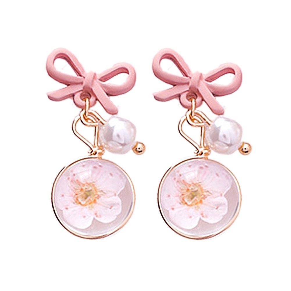 Women Bow Cherry Blossom Flower Glass Ball Dangle Ear Drop Earrings Jewelry Gift Image 1