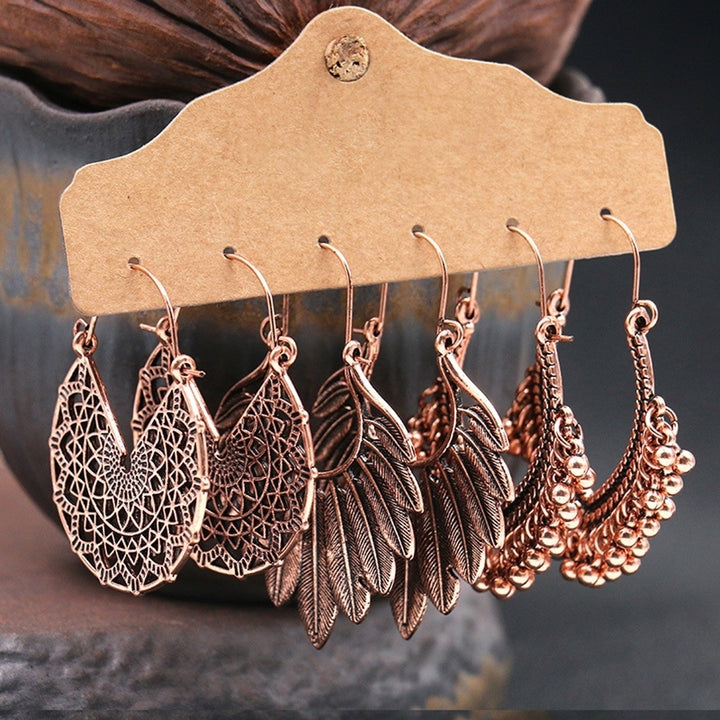 3Pairs Boho Gypsy Women Feather Round Hollow Dangle Hook Earrings Party Jewelry Image 2