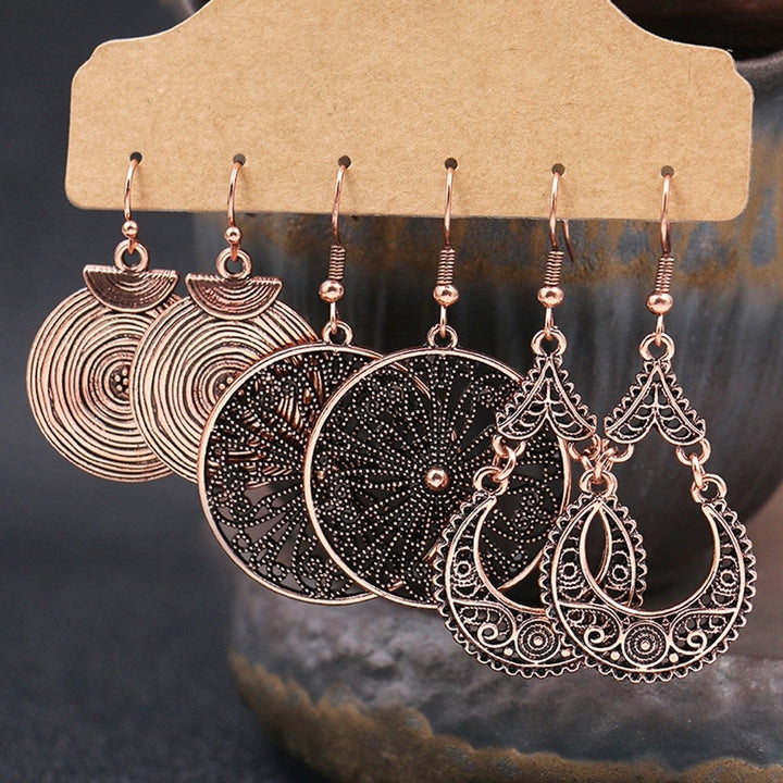 3Pairs Boho Gypsy Women Feather Round Hollow Dangle Hook Earrings Party Jewelry Image 3