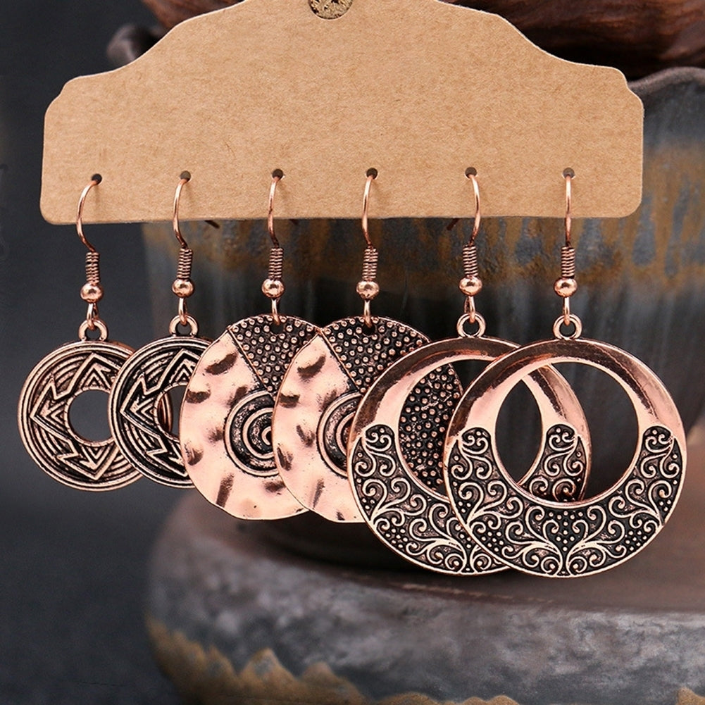 3Pairs Boho Gypsy Women Feather Round Hollow Dangle Hook Earrings Party Jewelry Image 4