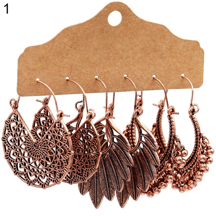 3Pairs Boho Gypsy Women Feather Round Hollow Dangle Hook Earrings Party Jewelry Image 4