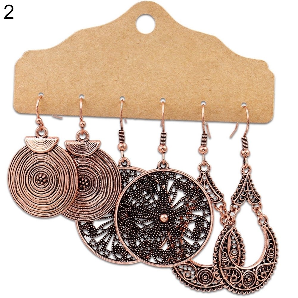 3Pairs Boho Gypsy Women Feather Round Hollow Dangle Hook Earrings Party Jewelry Image 1