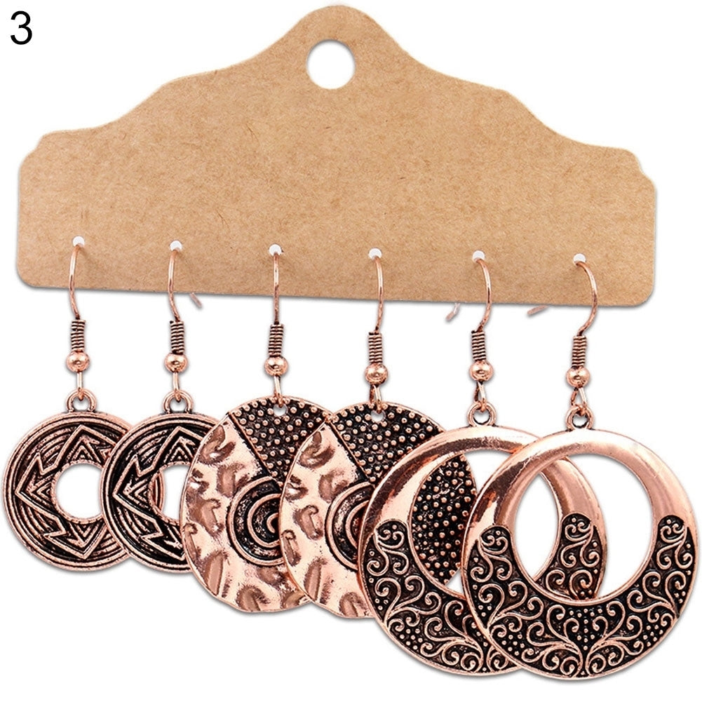 3Pairs Boho Gypsy Women Feather Round Hollow Dangle Hook Earrings Party Jewelry Image 7