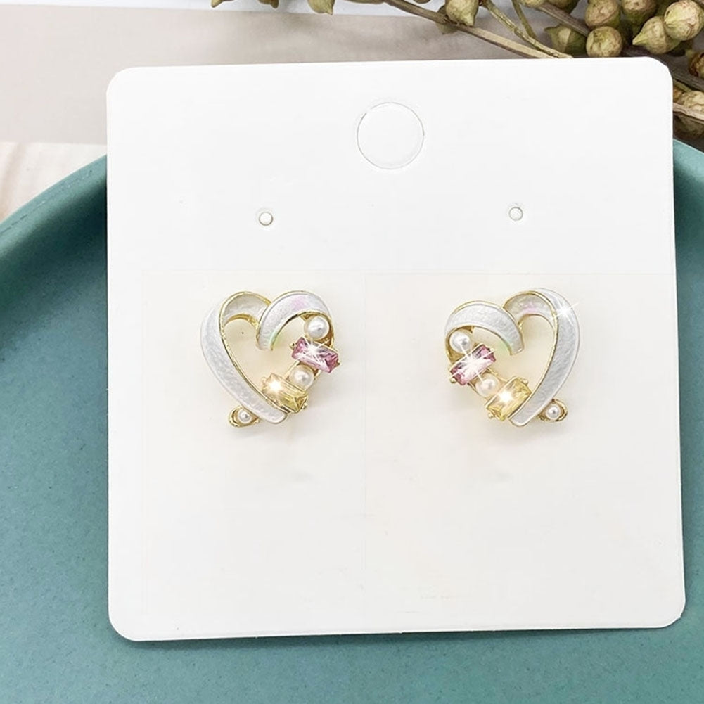 Women Fashion Love Heart Shape Ear Stud Faux Pearl Cubic Zirconia Earrings Image 3