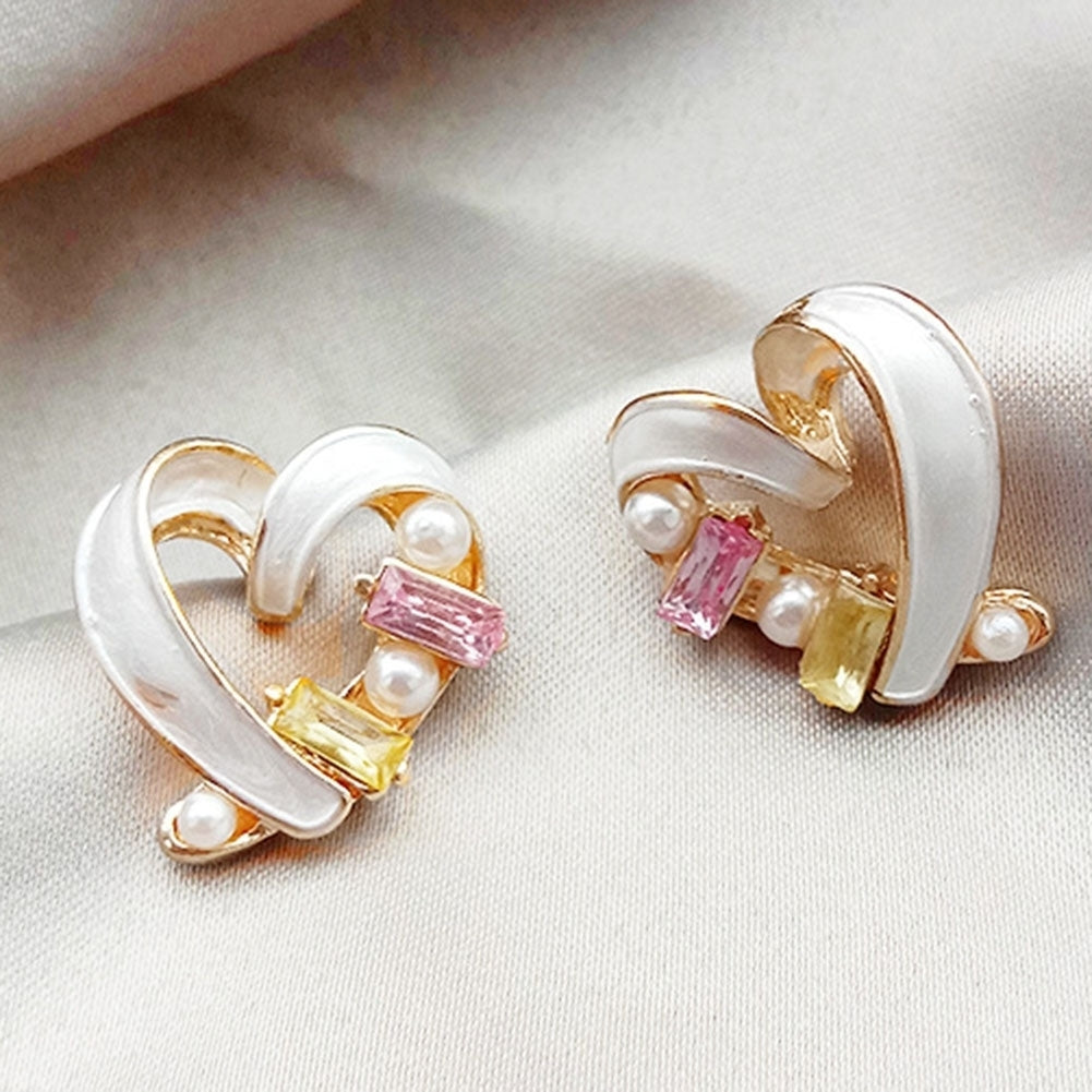 Women Fashion Love Heart Shape Ear Stud Faux Pearl Cubic Zirconia Earrings Image 7