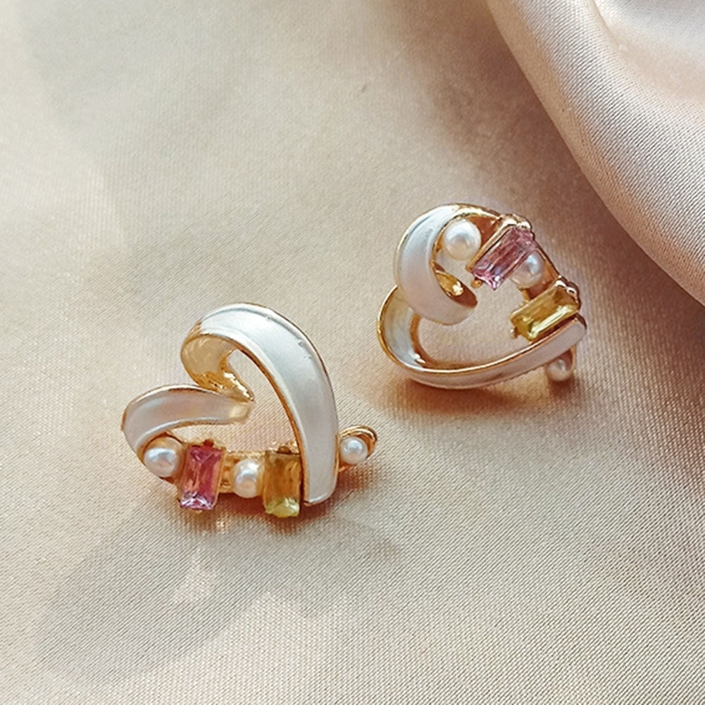 Women Fashion Love Heart Shape Ear Stud Faux Pearl Cubic Zirconia Earrings Image 8