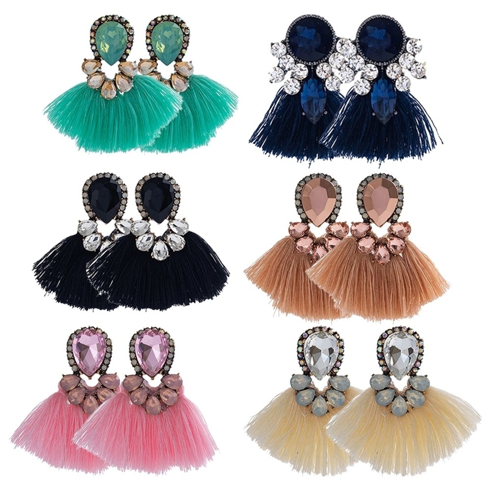 Women Exaggerated Water Drop Rhinestone Fan Shape Tassel Stud Earrings Jewelry Image 1