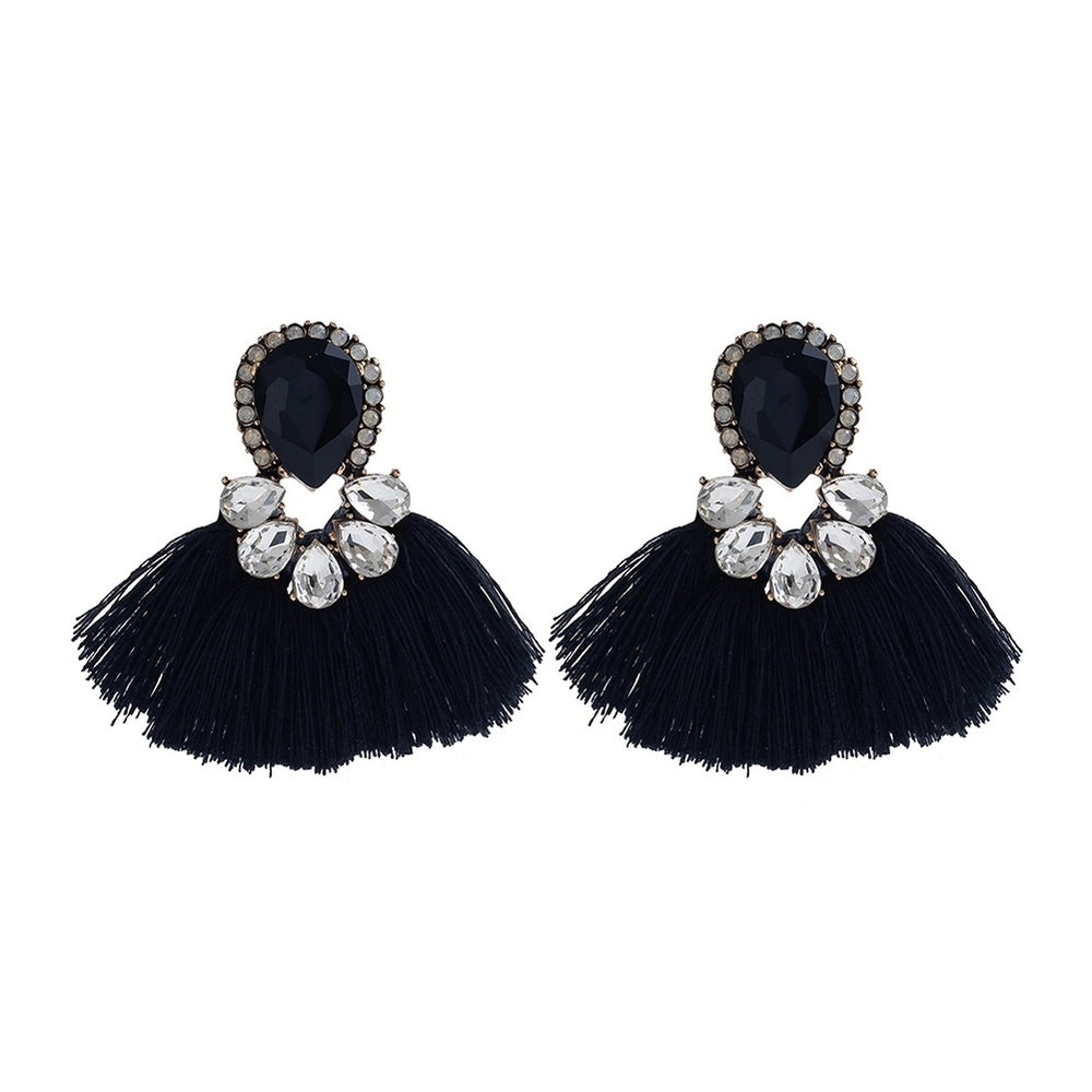 Women Exaggerated Water Drop Rhinestone Fan Shape Tassel Stud Earrings Jewelry Image 2