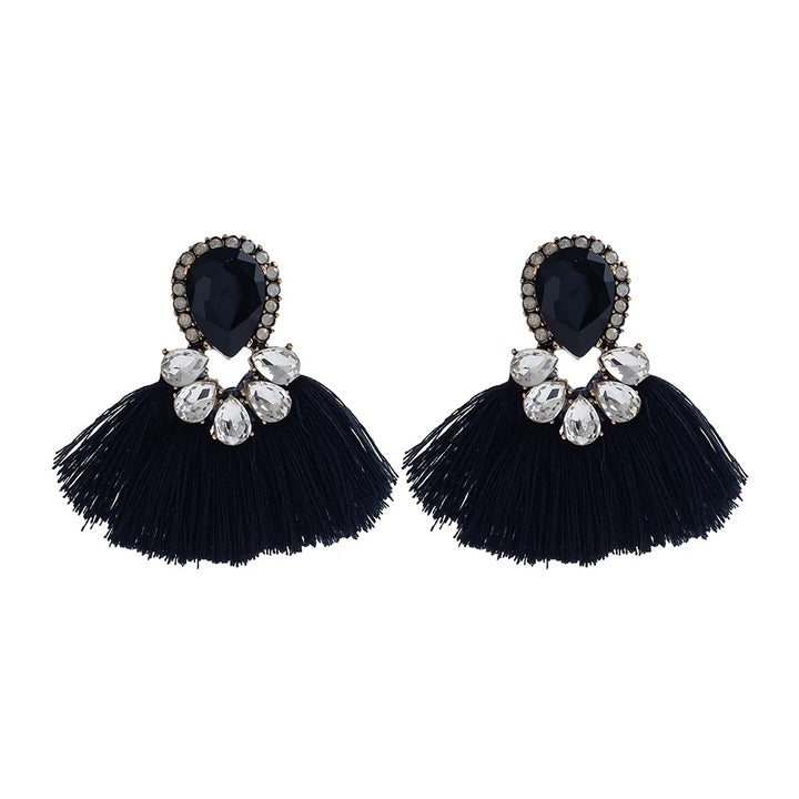 Women Exaggerated Water Drop Rhinestone Fan Shape Tassel Stud Earrings Jewelry Image 2