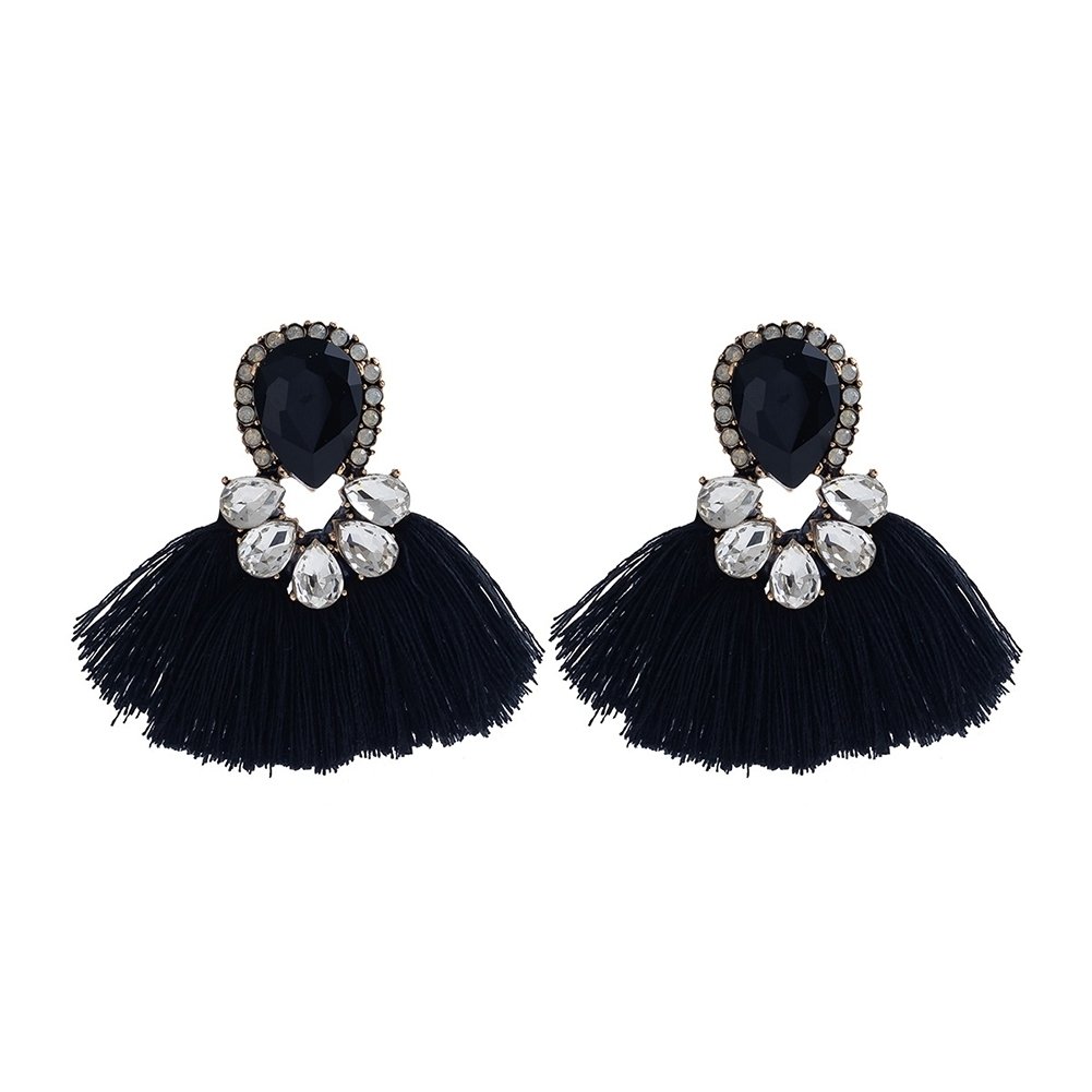 Women Exaggerated Water Drop Rhinestone Fan Shape Tassel Stud Earrings Jewelry Image 1