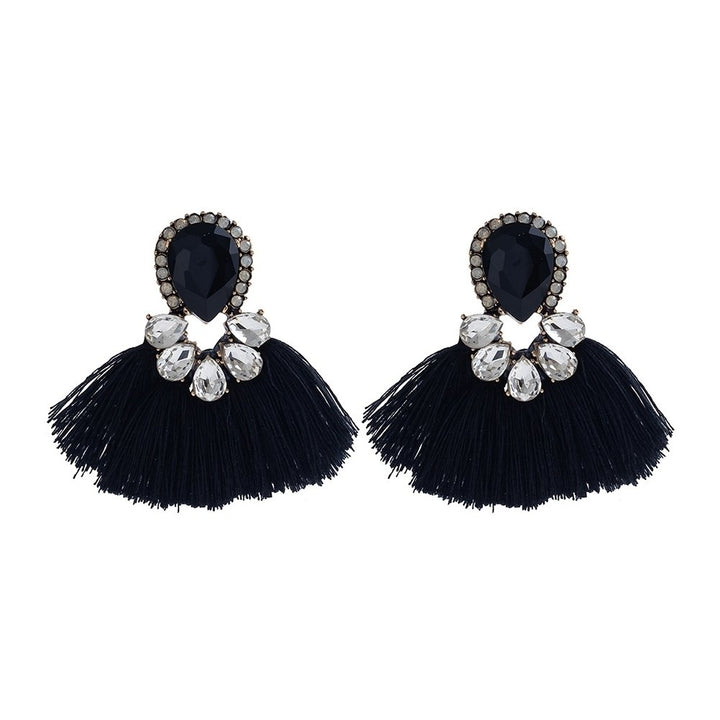 Women Exaggerated Water Drop Rhinestone Fan Shape Tassel Stud Earrings Jewelry Image 1