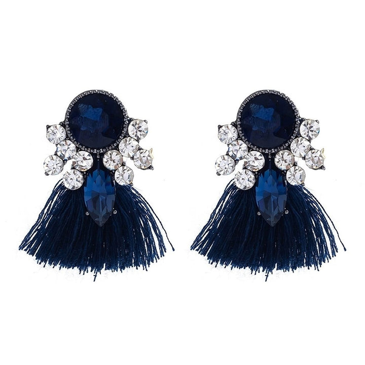 Women Exaggerated Water Drop Rhinestone Fan Shape Tassel Stud Earrings Jewelry Image 3