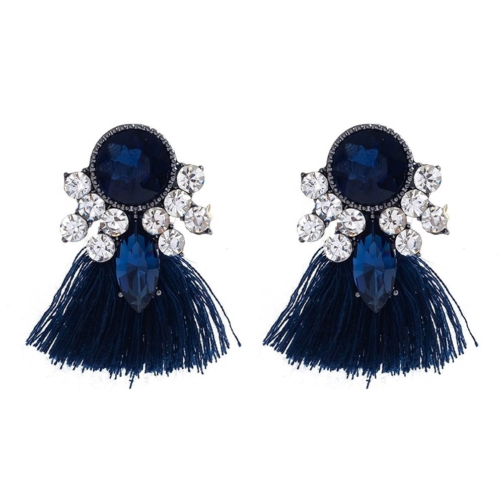 Women Exaggerated Water Drop Rhinestone Fan Shape Tassel Stud Earrings Jewelry Image 1