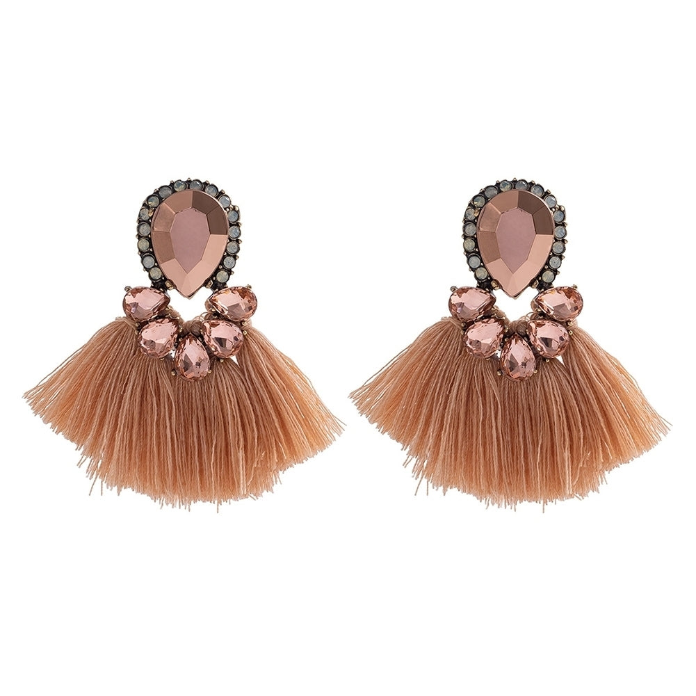 Women Exaggerated Water Drop Rhinestone Fan Shape Tassel Stud Earrings Jewelry Image 7