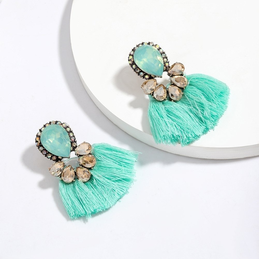 Women Exaggerated Water Drop Rhinestone Fan Shape Tassel Stud Earrings Jewelry Image 8