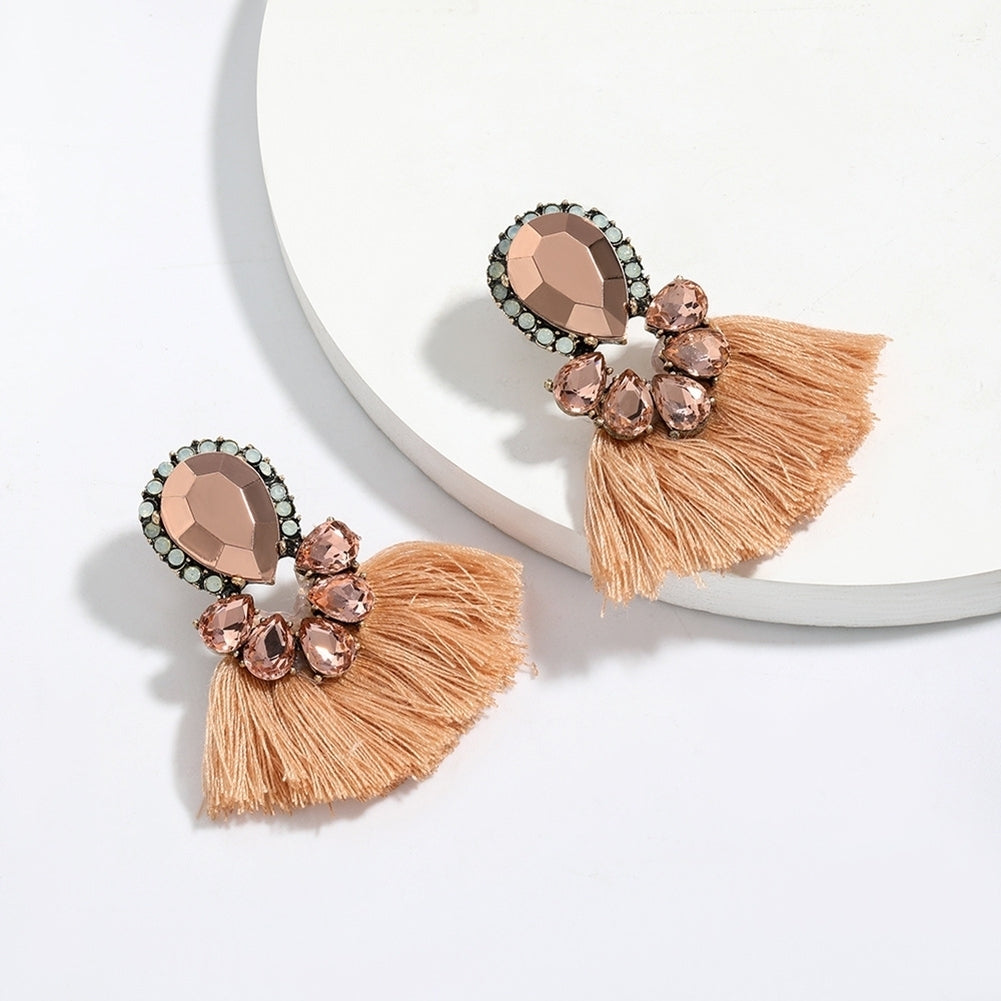 Women Exaggerated Water Drop Rhinestone Fan Shape Tassel Stud Earrings Jewelry Image 9