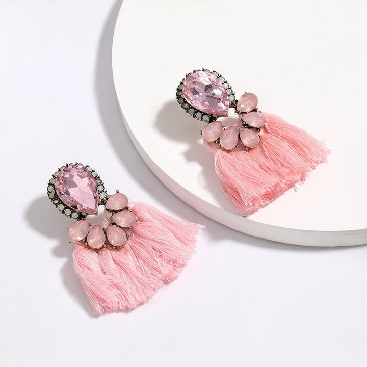 Women Exaggerated Water Drop Rhinestone Fan Shape Tassel Stud Earrings Jewelry Image 10