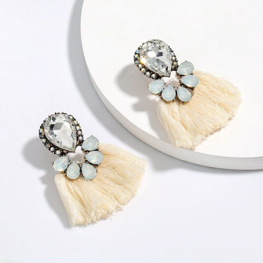 Women Exaggerated Water Drop Rhinestone Fan Shape Tassel Stud Earrings Jewelry Image 11