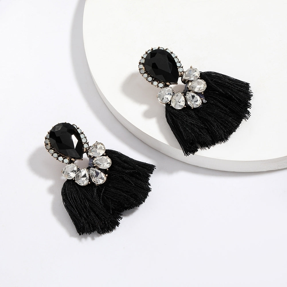 Women Exaggerated Water Drop Rhinestone Fan Shape Tassel Stud Earrings Jewelry Image 12