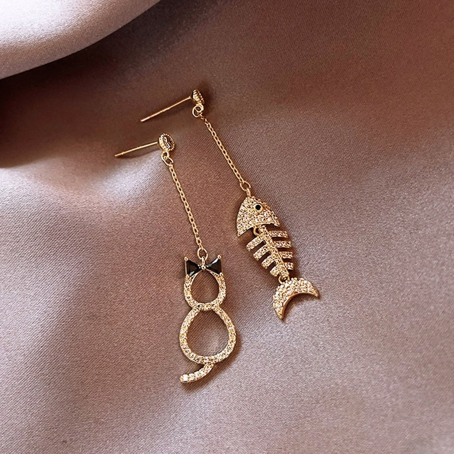 Women Fashion Cat Fish Bone Shape Long Dangle Ear Studs Earrings Party Jewelry Image 1