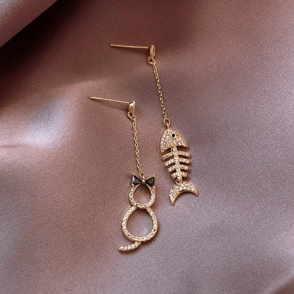 Women Fashion Cat Fish Bone Shape Long Dangle Ear Studs Earrings Party Jewelry Image 2