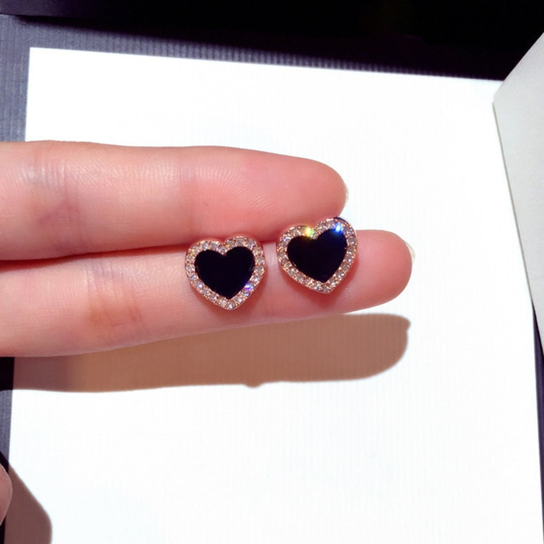 Women Fashion Rhinestone Inlaid Black Heart Ear Stud Earrings Jewelry Accessory Image 1