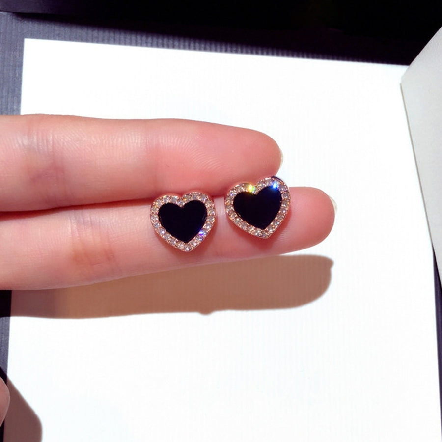 Women Fashion Rhinestone Inlaid Black Heart Ear Stud Earrings Jewelry Accessory Image 1