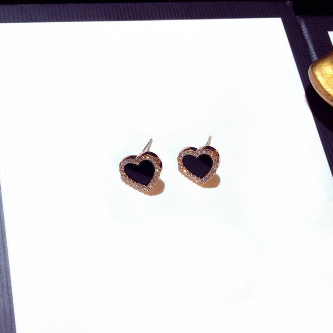 Women Fashion Rhinestone Inlaid Black Heart Ear Stud Earrings Jewelry Accessory Image 2