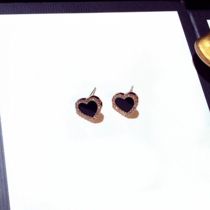 Women Fashion Rhinestone Inlaid Black Heart Ear Stud Earrings Jewelry Accessory Image 2