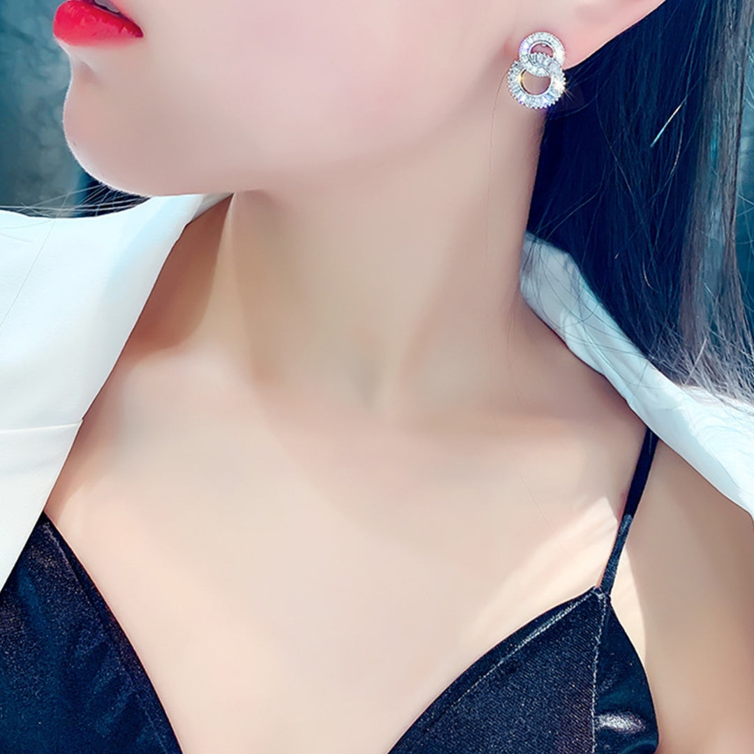 Women Simple Design Dazzling Geometry Double Circle Ear Stud Earrings Jewelry Image 3