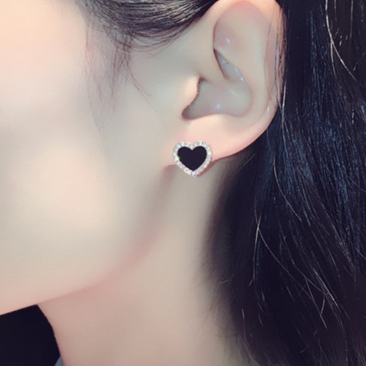 Women Fashion Rhinestone Inlaid Black Heart Ear Stud Earrings Jewelry Accessory Image 4