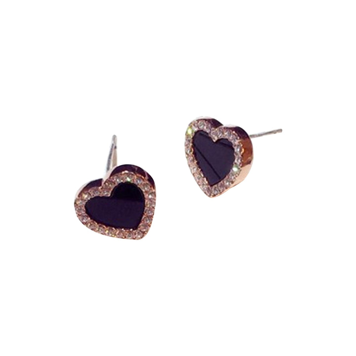 Women Fashion Rhinestone Inlaid Black Heart Ear Stud Earrings Jewelry Accessory Image 6