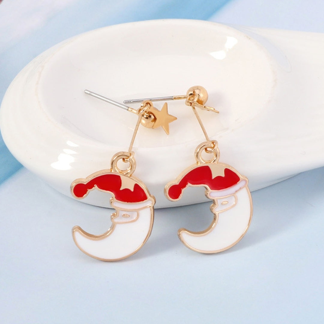 Women Fashion Moon Shape Christmas Hat Anti-Allergic Ear Stud Dangle Earrings Image 1