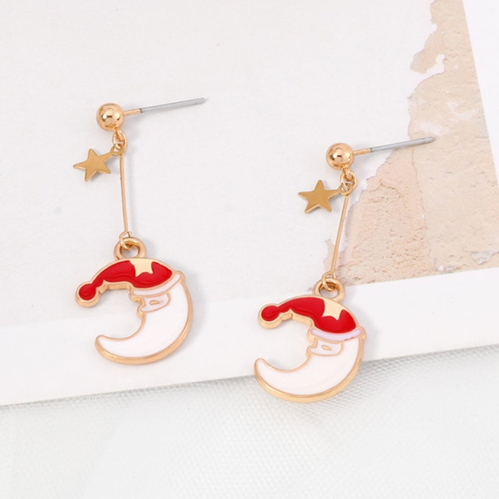 Women Fashion Moon Shape Christmas Hat Anti-Allergic Ear Stud Dangle Earrings Image 2