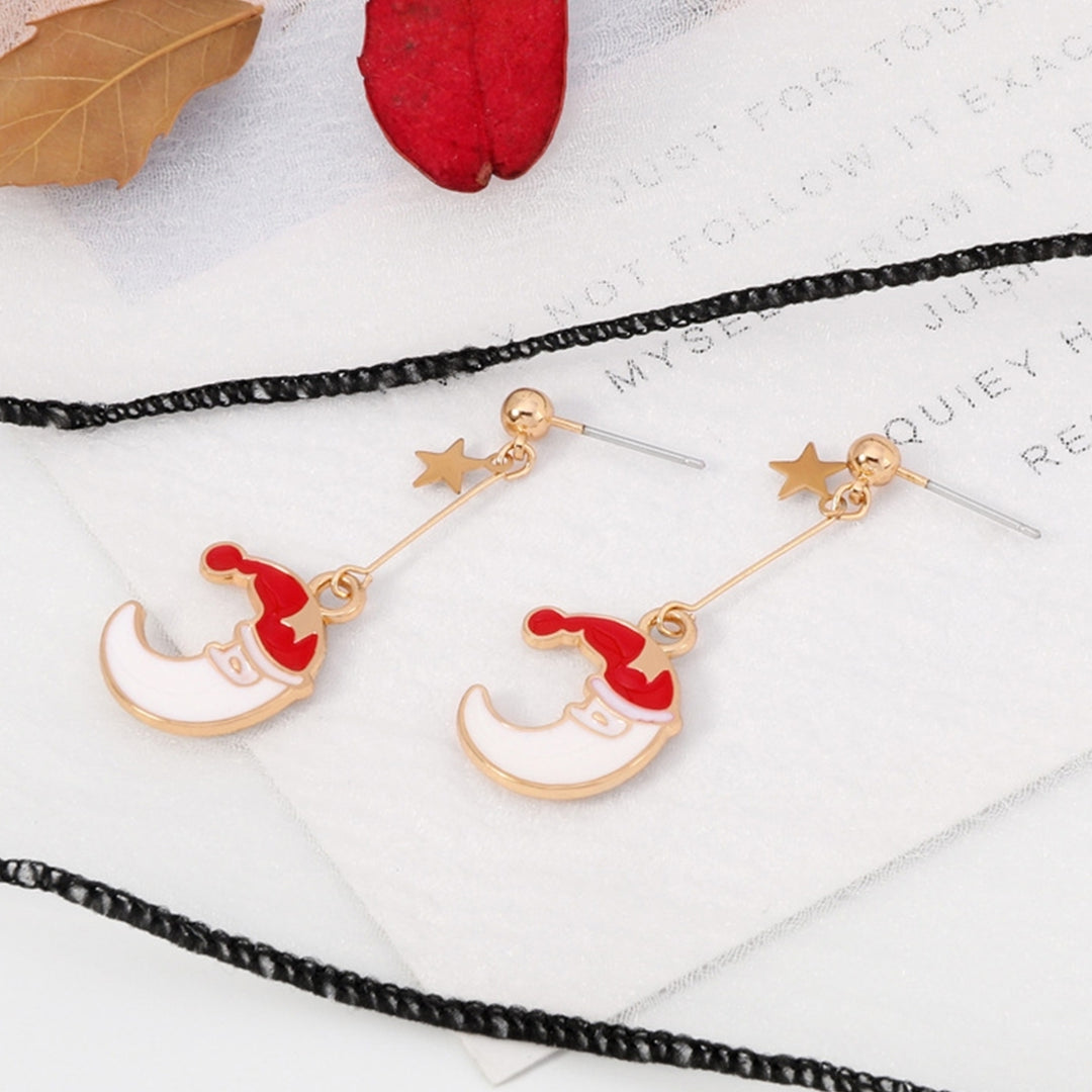 Women Fashion Moon Shape Christmas Hat Anti-Allergic Ear Stud Dangle Earrings Image 4