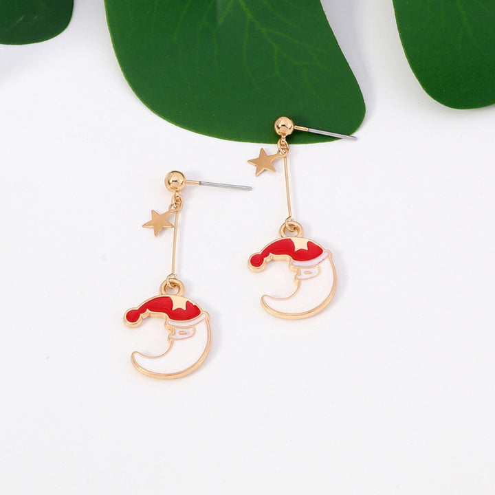 Women Fashion Moon Shape Christmas Hat Anti-Allergic Ear Stud Dangle Earrings Image 6