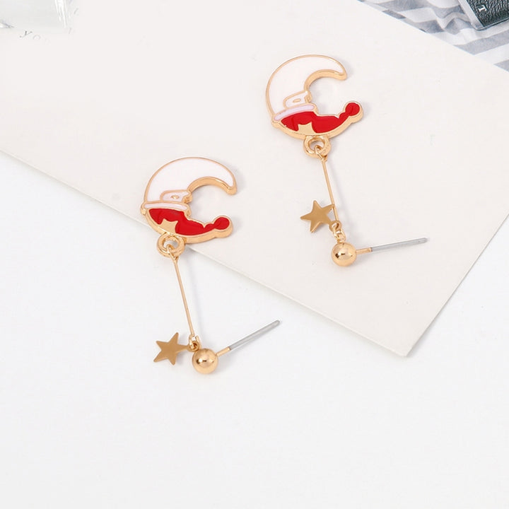 Women Fashion Moon Shape Christmas Hat Anti-Allergic Ear Stud Dangle Earrings Image 7