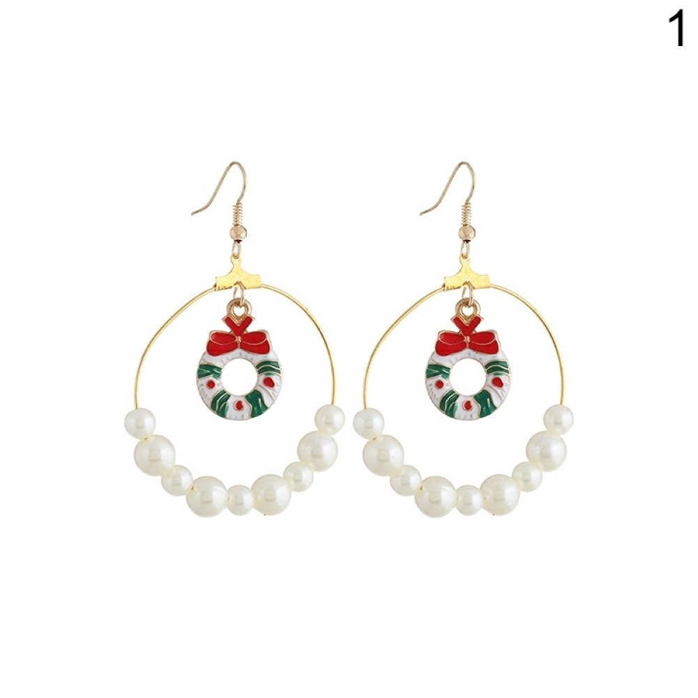 Women Christmas Tree Elk Eardrop Faux Pearl Geometric Hoop Earrings Xmas Gift Image 2