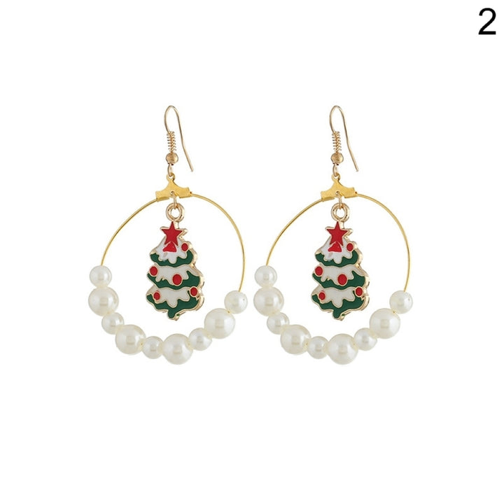 Women Christmas Tree Elk Eardrop Faux Pearl Geometric Hoop Earrings Xmas Gift Image 3