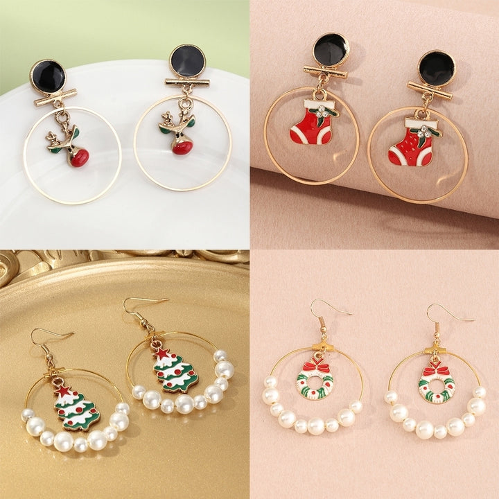 Women Christmas Tree Elk Eardrop Faux Pearl Geometric Hoop Earrings Xmas Gift Image 6