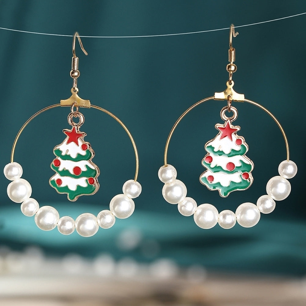 Women Christmas Tree Elk Eardrop Faux Pearl Geometric Hoop Earrings Xmas Gift Image 7